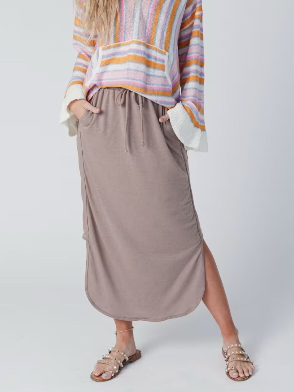 3BN Taupe Drawstring Maxi Skirt